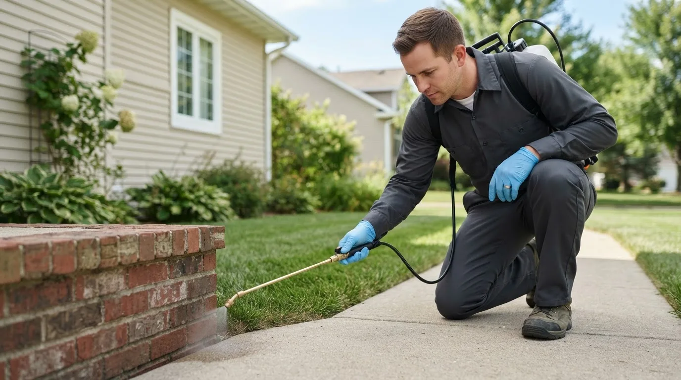 Pest control technician treating a home near Wixom, MI